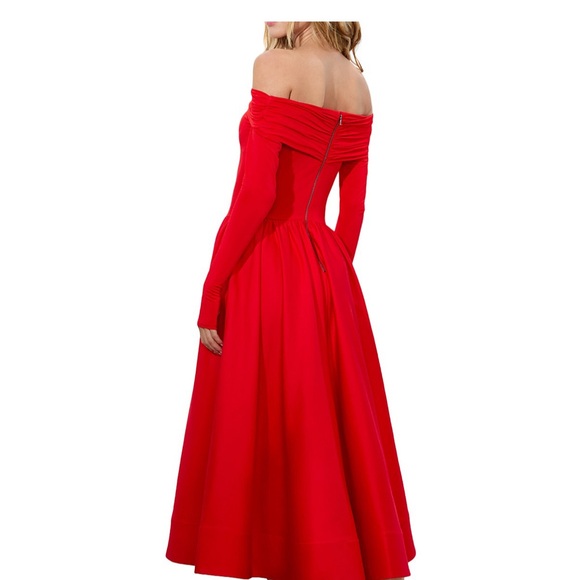 Alice + Olivia Red Off-Shoulder Long Sleeve A-Line Dress - Picture 3 of 13